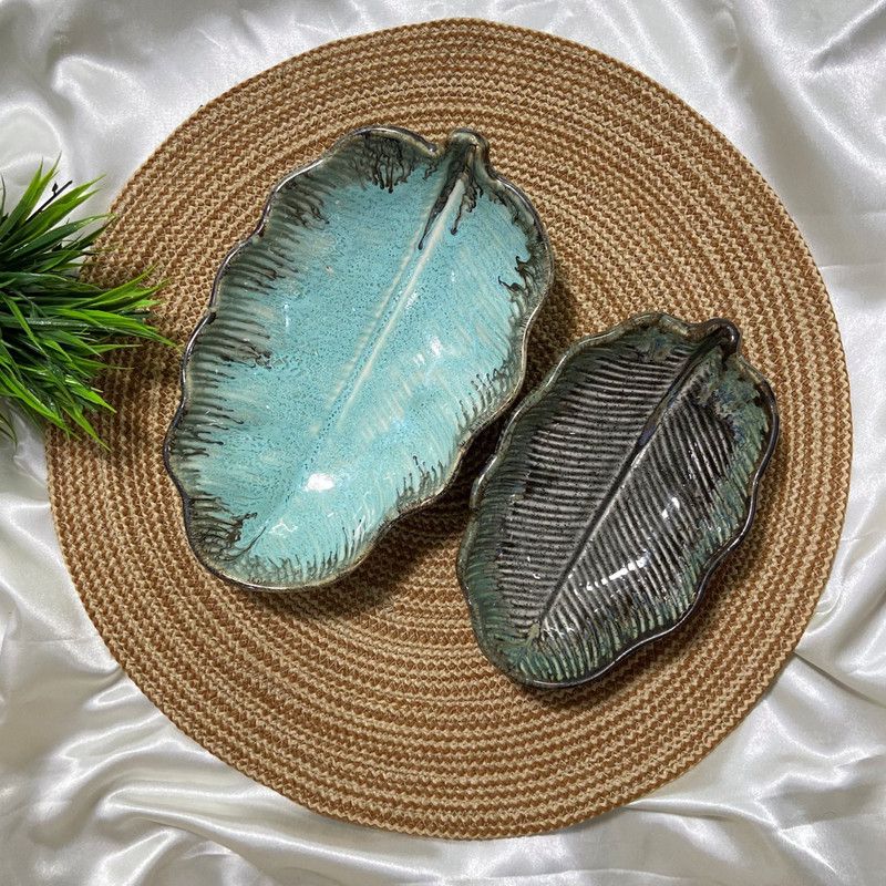 Ceramic Dining Studio Collection Banana Leaf Aqua Blue Glazed Ceramic Platter Set of 2 Tray  (Pack of 2, Microwave Safe)