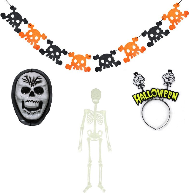Jades Hallows- Combo of Face Mask, Hairband and Luminous Skeleton Wall Decoration. (A) Banner  (2.8 ft, Pack of 4)