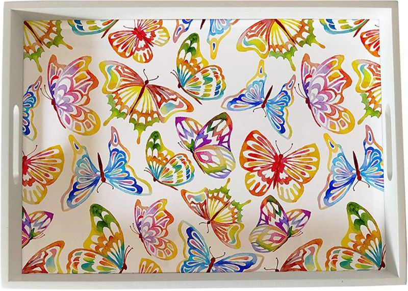 Brahma Design Watercolour Butterflies White Border Dining Serving and Desk Rectangular Tray