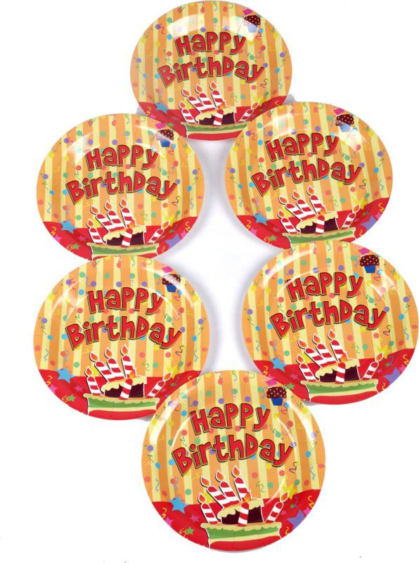 FUNCART Stripe Birthday Theme 7 Inch Quarter Plate  (Pack of 6)