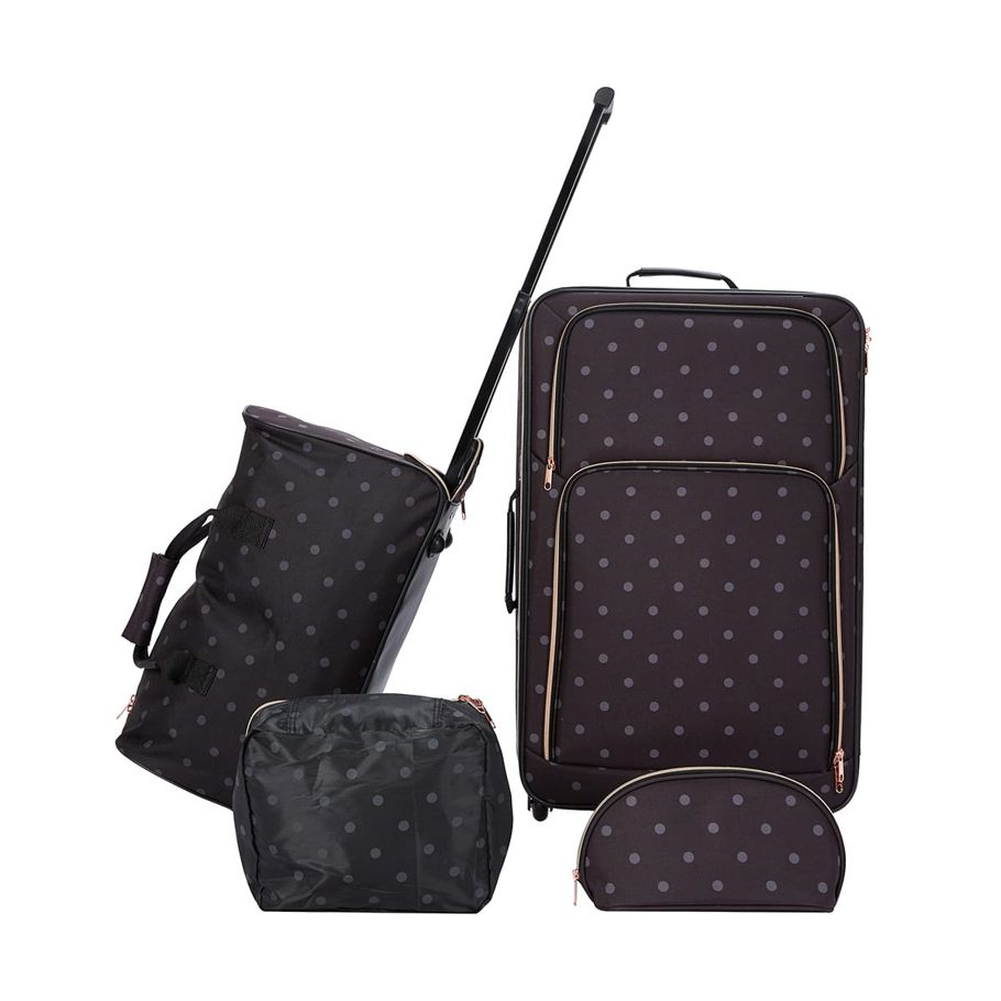 4 Piece Polka Dot Soft Case Luggage Set - Black