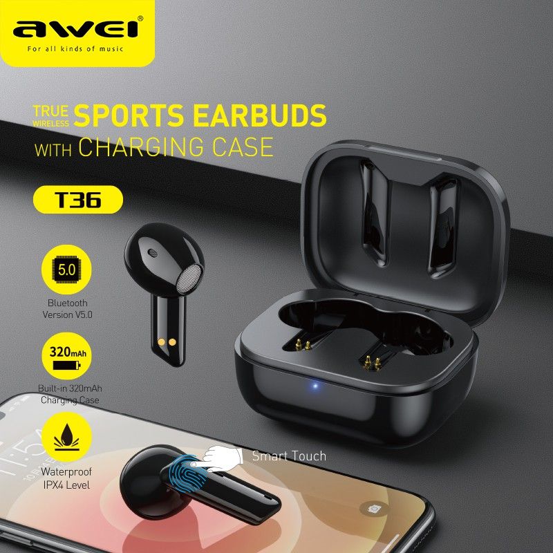 AWEI T36 TWS Bluetooth 5.0 Earphone Wireless Sport Waterproof Touch Stereo Headset with Mic - Black