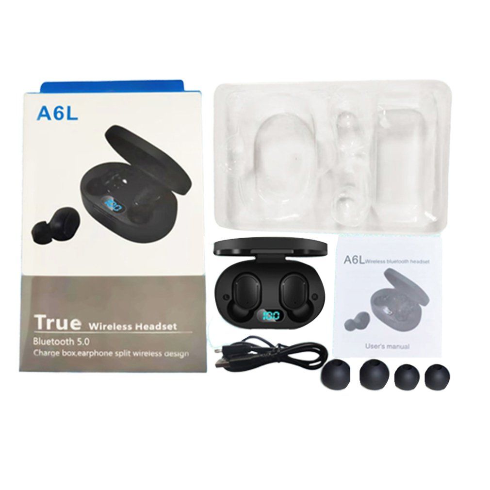 MA A6L Wireless Stereo Headset Invisible With Charging Bin Sports Headphones - black