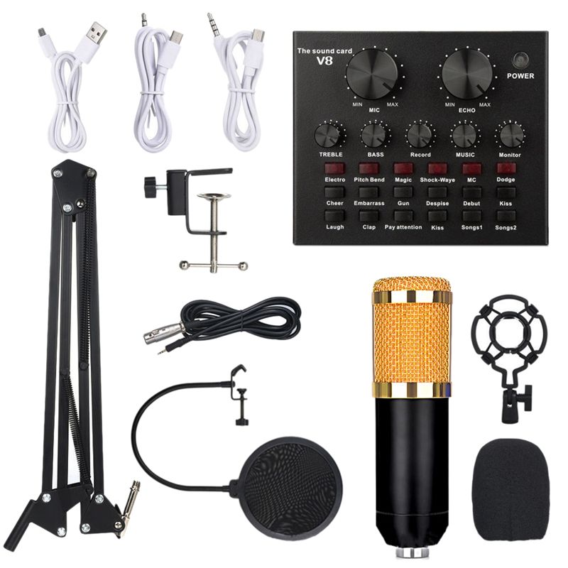 BM800 Microphone Kit with V8 Sound Card Professional Microphone Studio Condenser Microphone for Computer(aurum)