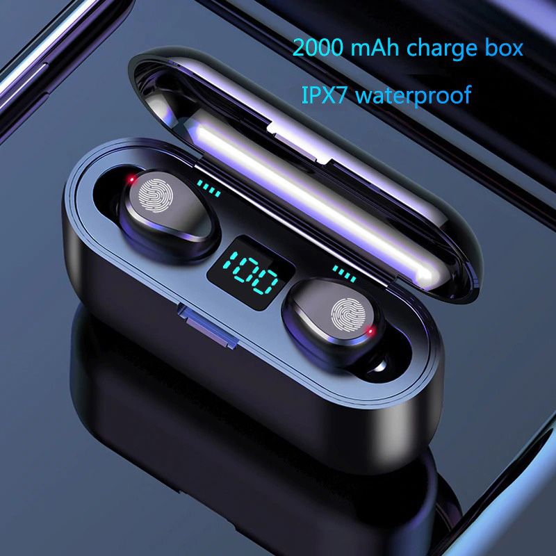 F9 Bluetooth Earphone V5.0 TWS Wireless Earphone LED Display Sports Wireless Headset With Microphone - Black