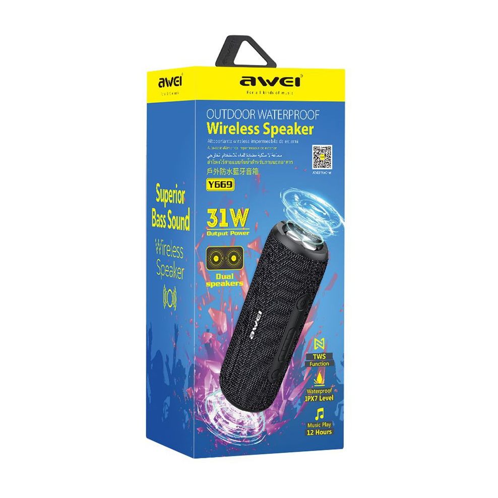 Awei Y669 Outdoor Tws Waterproof portable bluetooth wireless iPX7 Speaker - Black