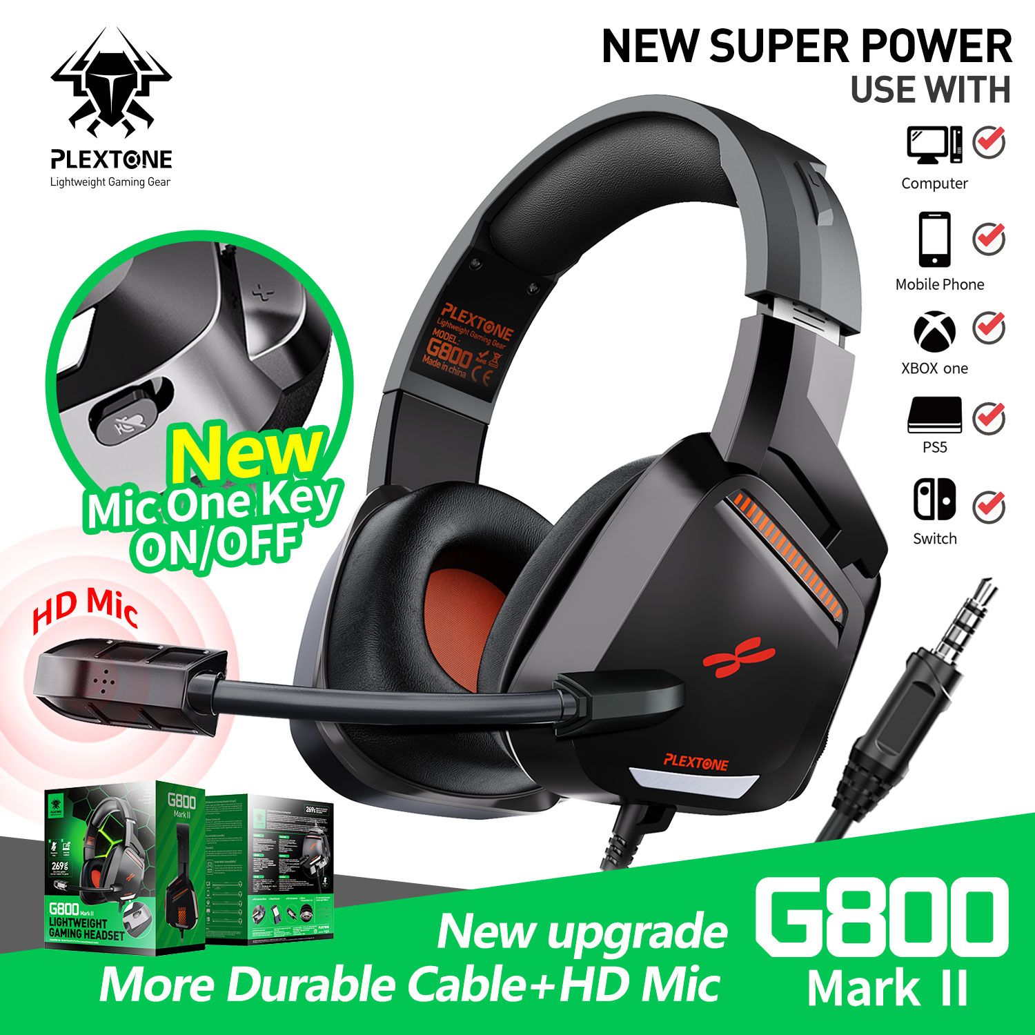 Tops PLEXTONE G800 Gaming Headset - Noise Cancelling - PC Headphones With Mic - Over Ear Design - Heavy Bass Earphone - Pink, Black & Grey