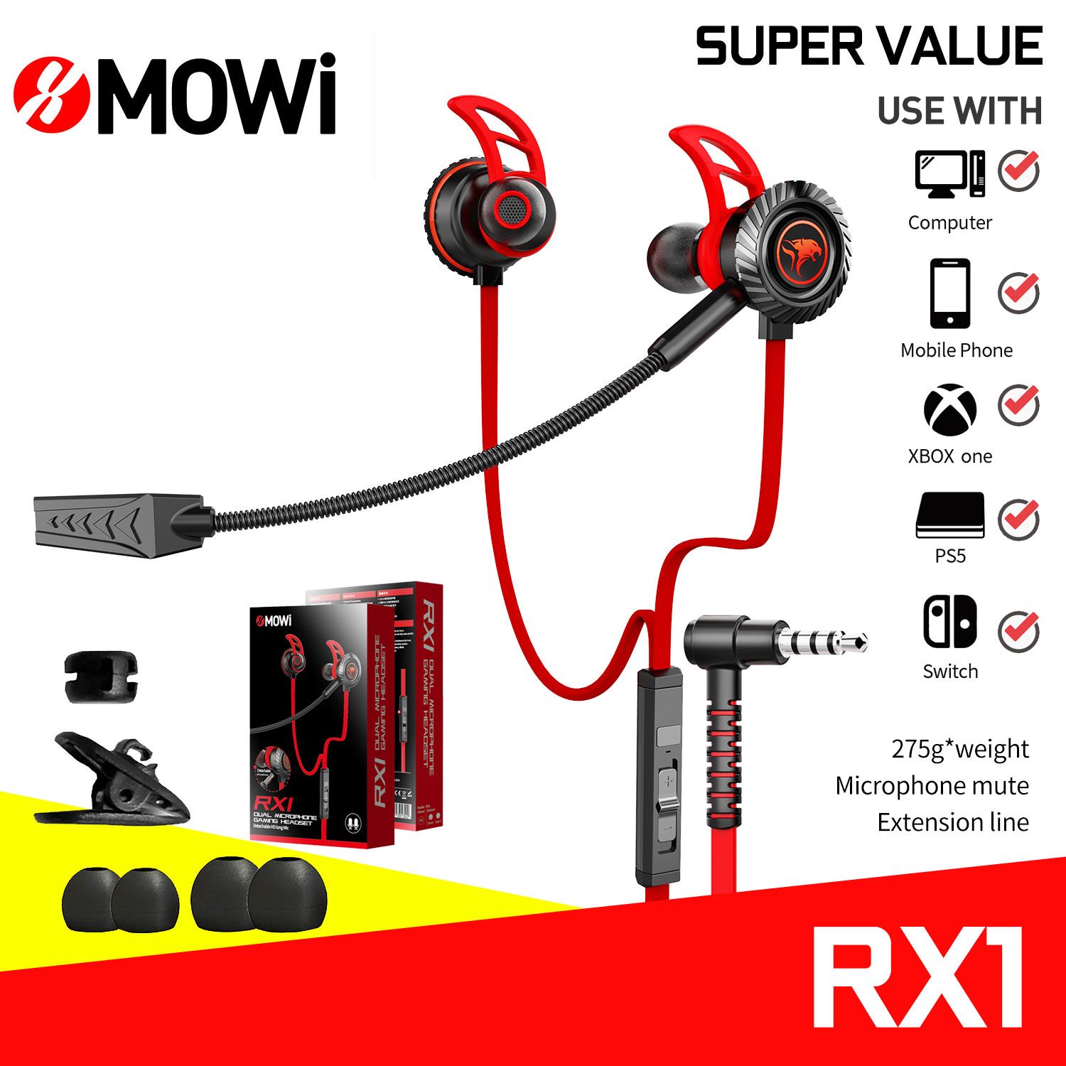 PLEXTONE xMOWi RX1 In-ear Gaming Earphones Wired Lightweight with Detachable Long Mic & Vol 3.5mm Jack