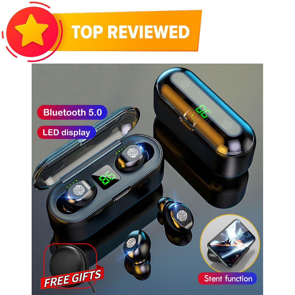 F9 Bluetooth Earphone V5.0 TWS Wireless Earphone LED Display Sports Wireless Headset - Black