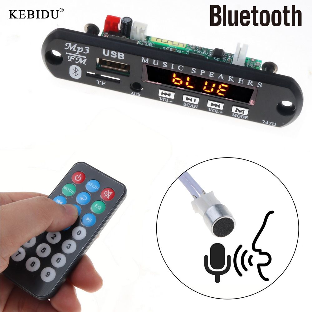 Kebidu DC 5V 12V Wireless Bluetooth USB FM TF MP3 Decoder Board Hands-free MIC and Recording Audio Decoding Module