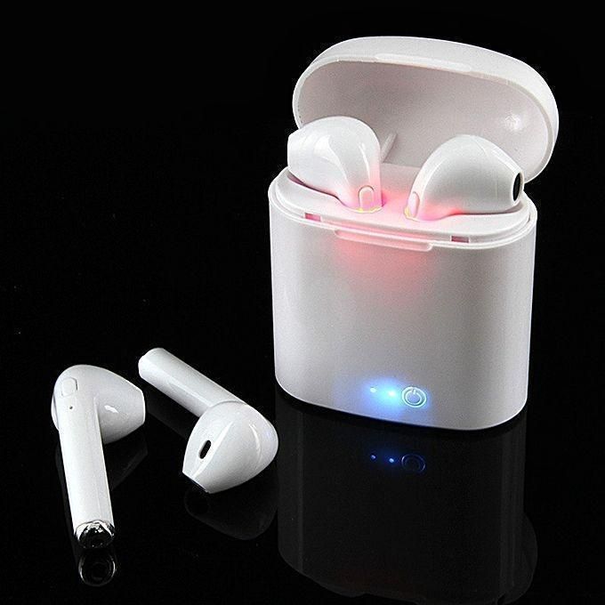 i7S Bluetooth Duel Earbuds Headphones with Charge Dock - White