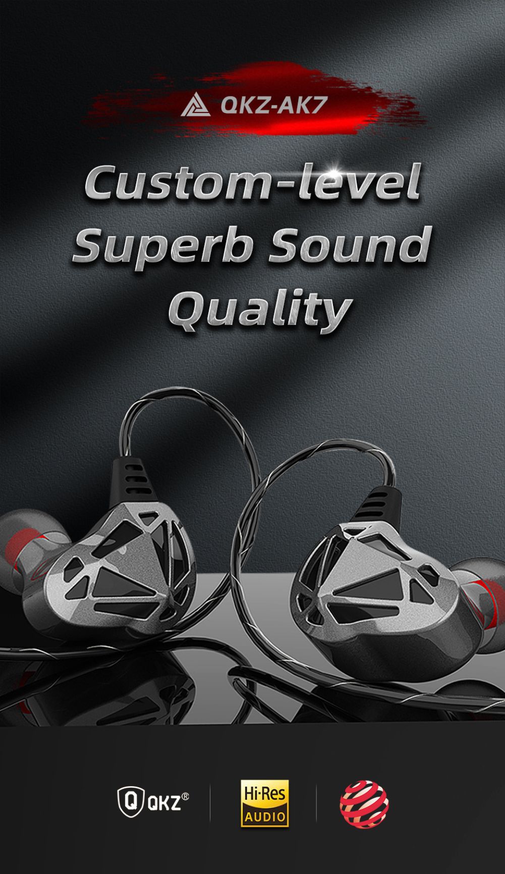 QKZ AK7 3.5mm Wired Headphones Musician HiFi Earphone Dual Drive Bass Stereo Headset Games Sports Earphones with Microphone