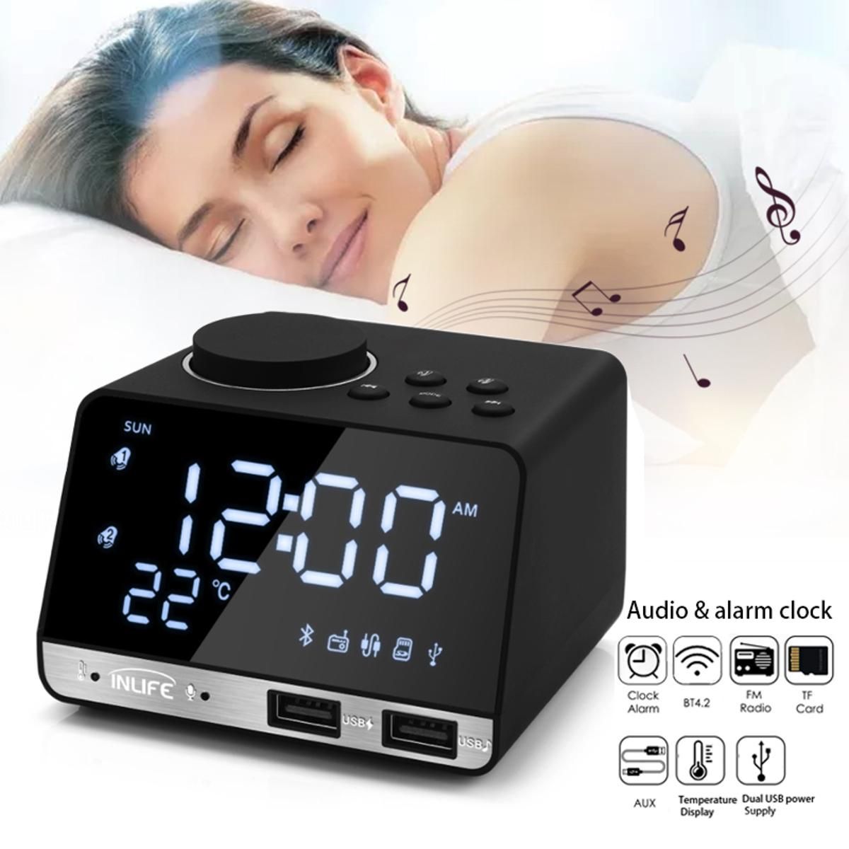Digital Alarm Clock Bluetooth 4.2 Radio Speaker Temperature with 2 USB Ports