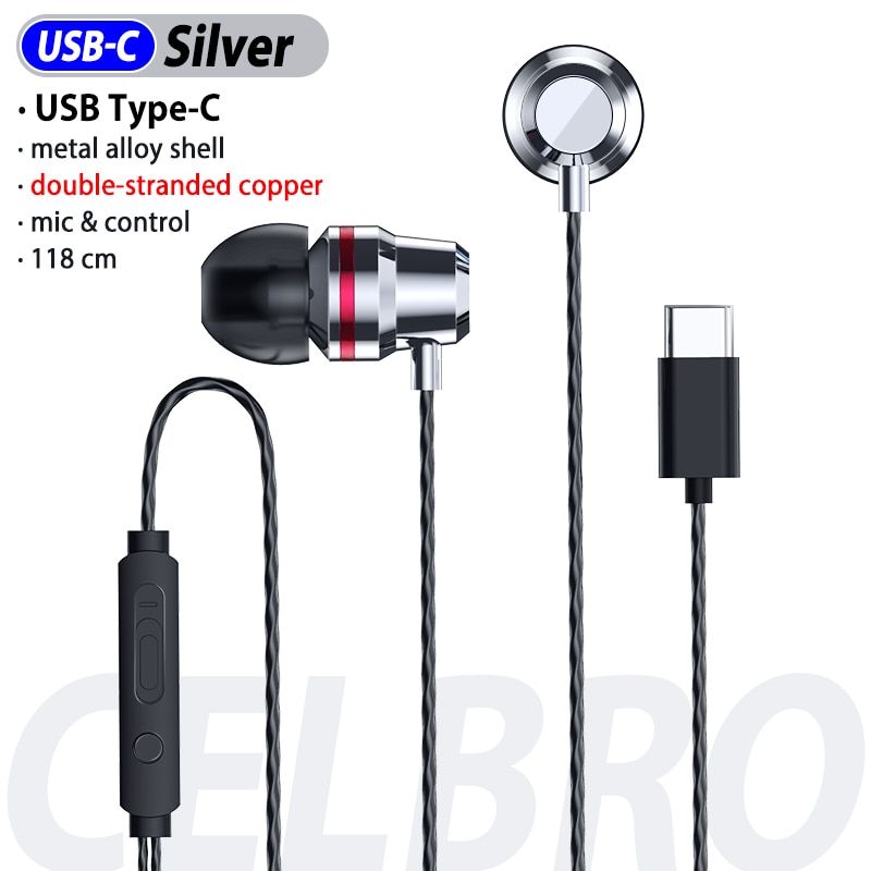 Wired Earphone Type C Bass Stereo Earbuds Sport Earphones USB-C Headset with Mic Volume Control Earbud 3.5mm Jack Mobile Phone