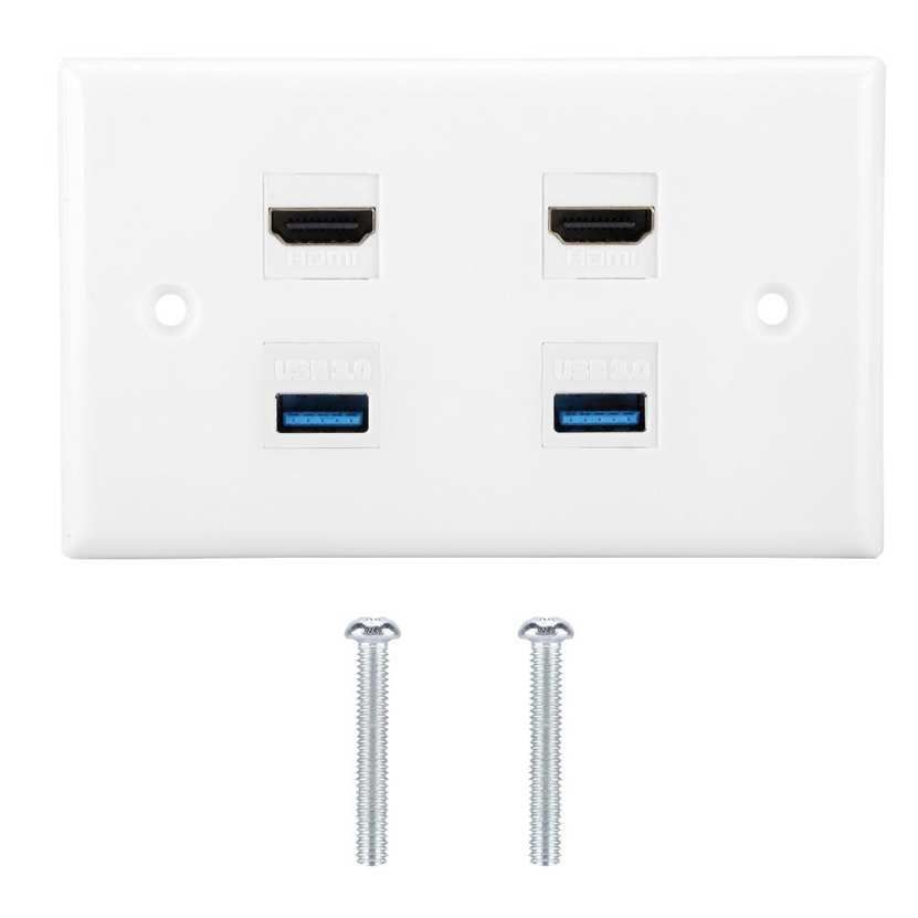 2 Ports HDMI Plated Wall with USB3.0 Face Plate Cover for HDTV Home Theater DVD Cable Satellite PS3 / PS4