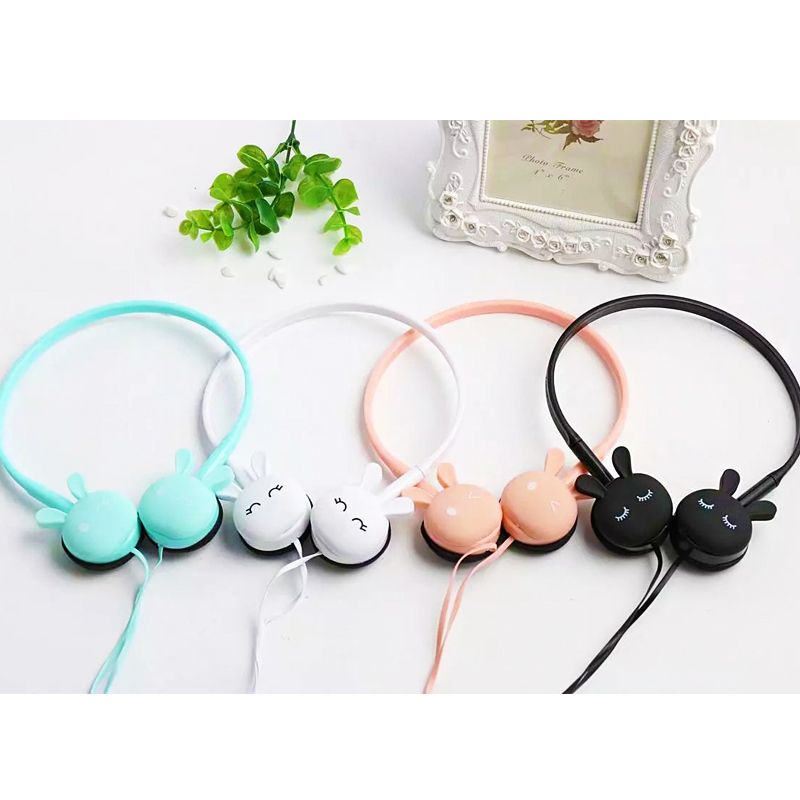 3.5mm Cute Rabbit Cartoon Stereo Earphone Headphone with Ear-hook Sports Headset for Girls Kids Xiaomi Phone Gift Mp3
