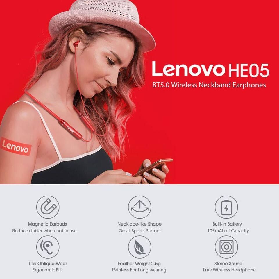Lenovo HE05 wireless bluetooth headphones Red Color With Flair Trade Link Sticker