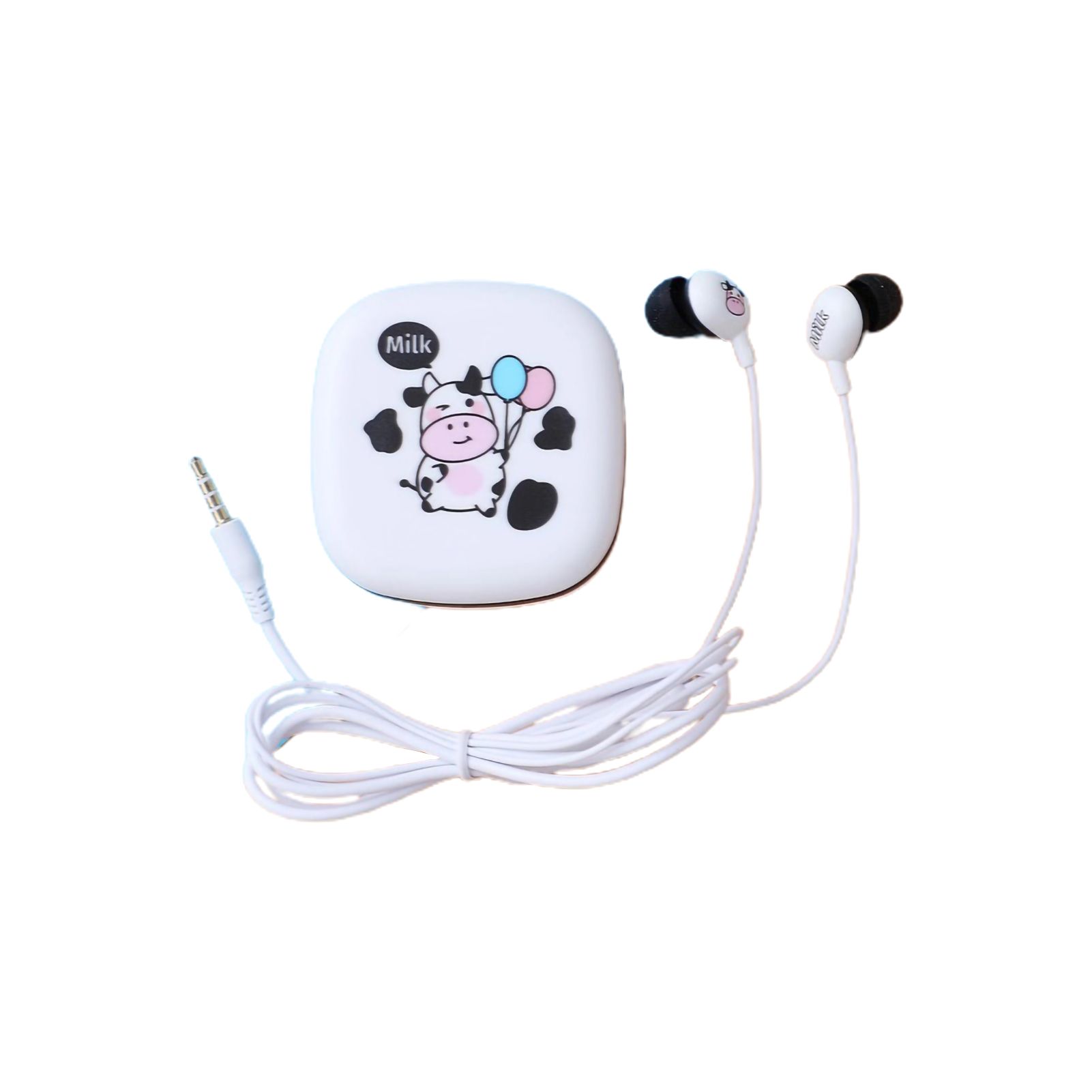 Earphone Ergonomic 3.5mm Cartoon Cow Pattern In-ear Earphone with Storage Box