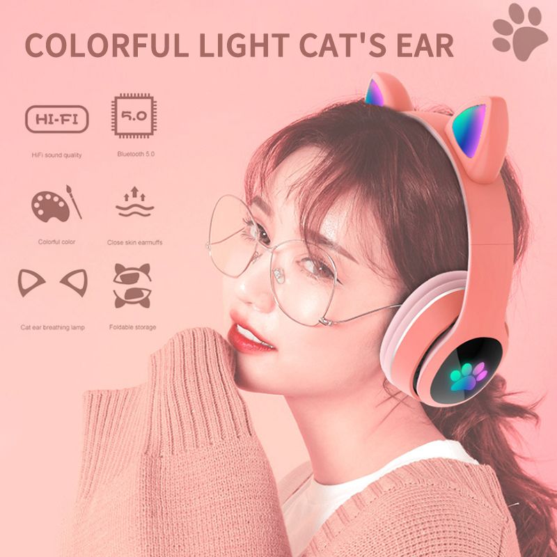 High quality Fashion Bluetooth Headphones Glowing Cute Cat&Ear Paw LED Girls Gift Kids Wireless Headset HIFI Stereo Bass 3.5mm AUX With MIC