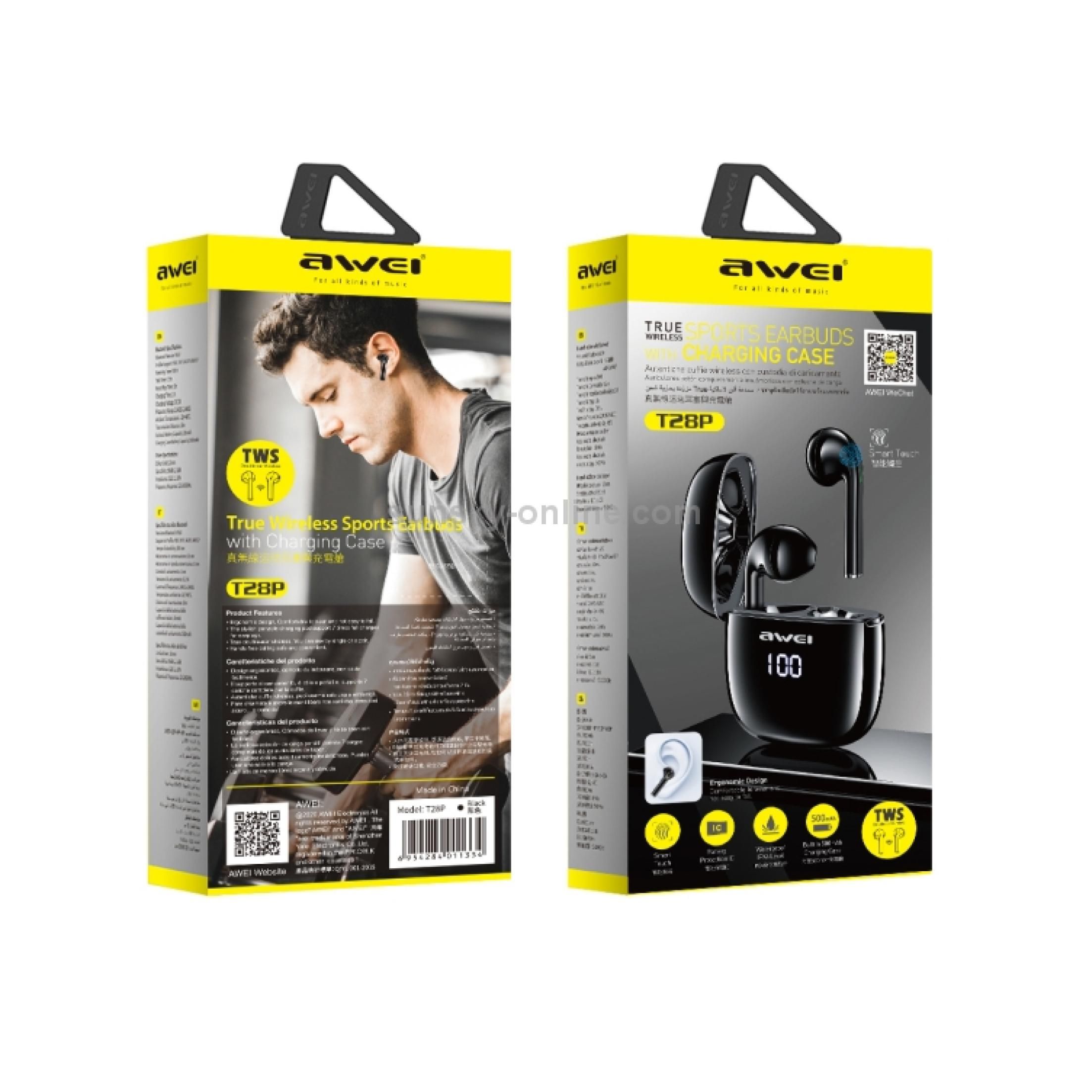 Awei T28P Bluetooth V5.0 True Wireless Sports Earbuds with Charging Case (Black)