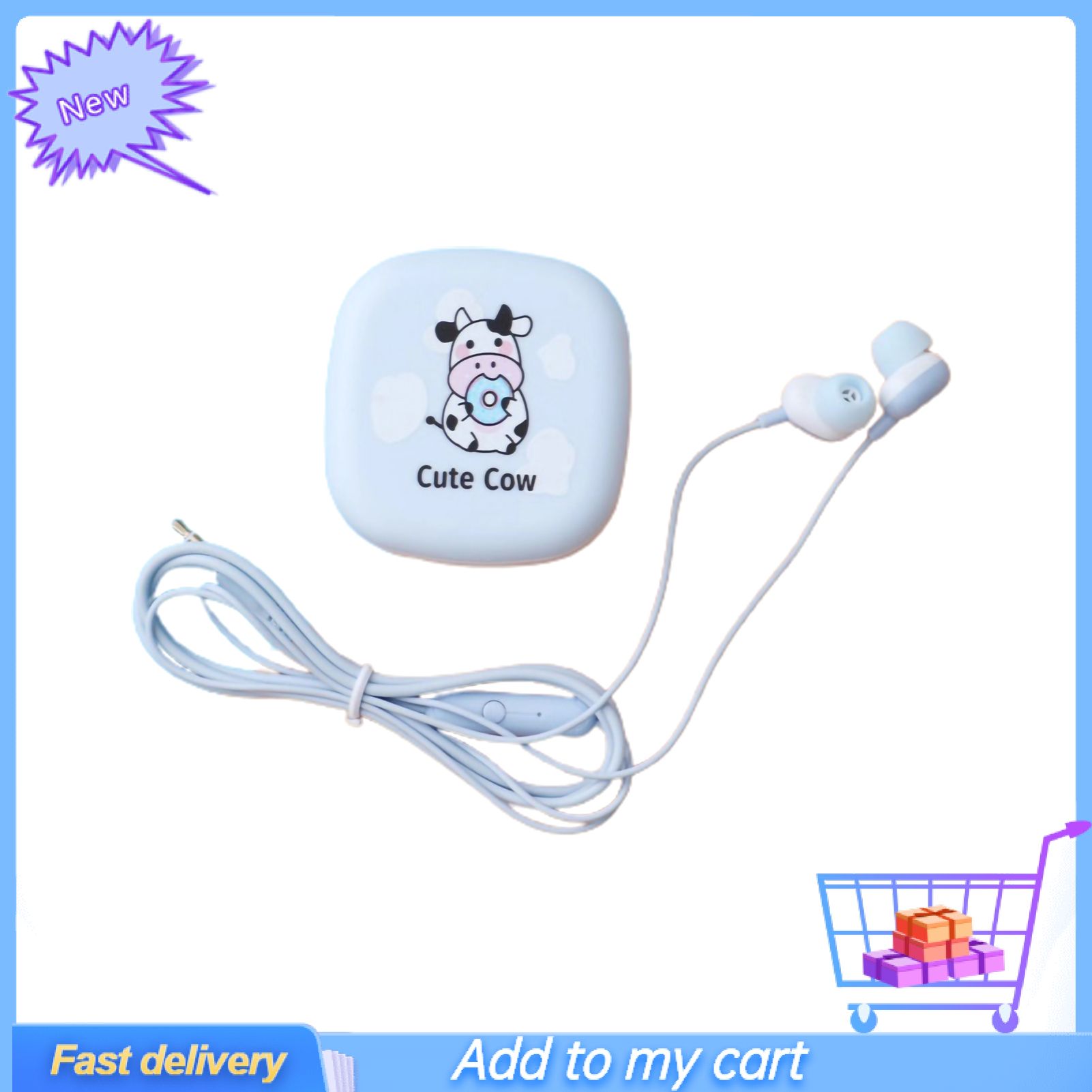 GreenForest Wired Earphone Universal Noise Reduction Cute 3.5mm Cartoon Cow Pattern In-ear Earphone with Storage Box for Girl