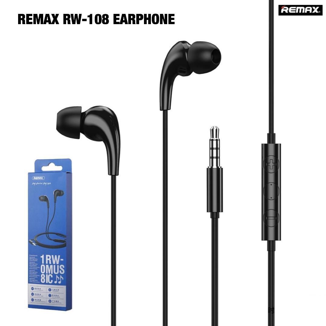 Remax RW-108 Stereo Music Headphones with HD Mic In-Ear 3.5mm Plug Wired Earphone - Black / Remax RW 108 Earphone