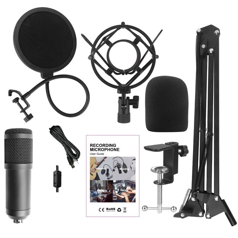 Studio Microphone Kits Condenser Microphone Bundle Stand Karaoke Mic Filter Phantom 192KHZ/24BIT(Round Head)