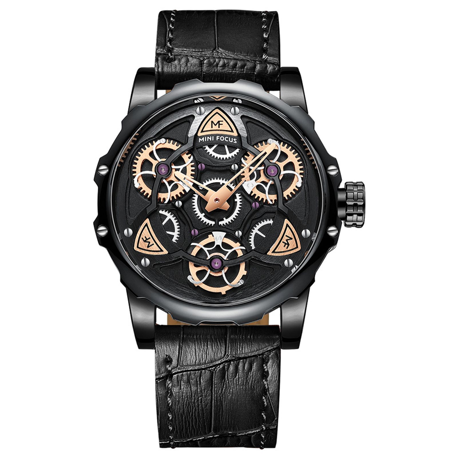 MINI FOCUS Men Stylish Comfortable Faux Leather Strap Mechanical Wristwatch