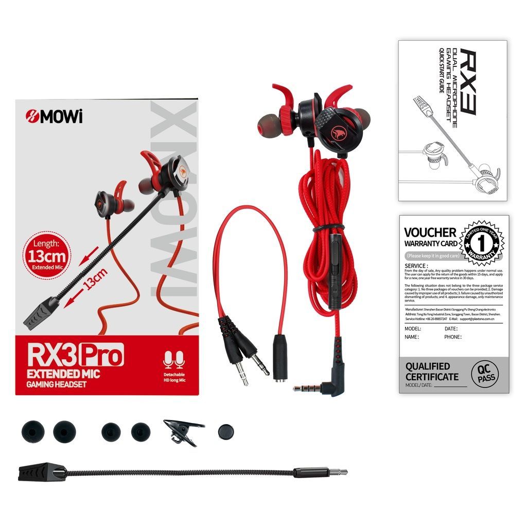 MOWI RX  Wired Stereo Bass in-Ear Gaming Earphones Earbuds Dual Mic HiFi Extension Cable for PC Laptop and Cellphones