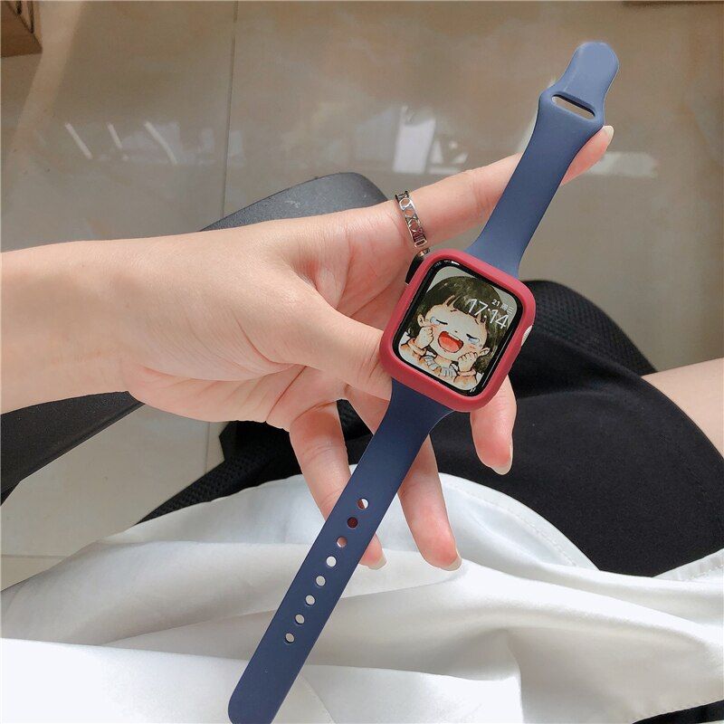 case+Silicone Strap For Apple Watch band 44mm 40mm 38mm 42 mm Rubber belt bracelet iWatch serie se 3 4 5 6 watchband slim strap