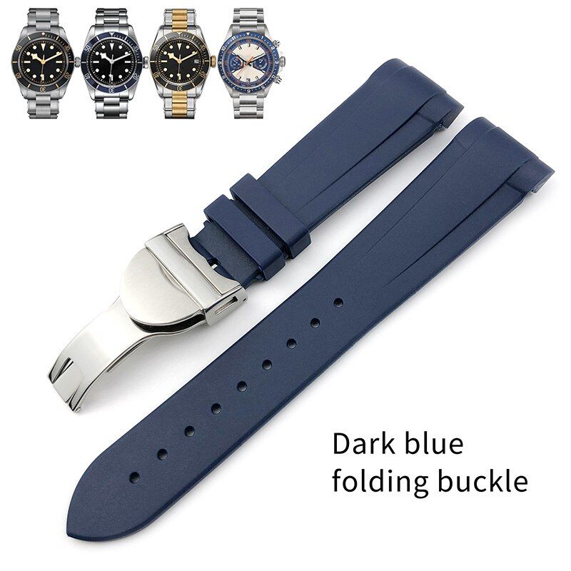 22mm Natural Rubber Silione watch band Special for Tudor Black Bay GMT Curved End Pin/Folding buckle Black Blue Red Wrist Strap