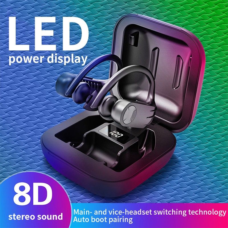 Zzitaill TWS Bluetooth Earphones 8D Stereo Wireless Bluetooth Earbuds Waterproof Sport Headset Earhook Headphones with LED Display Charging Case