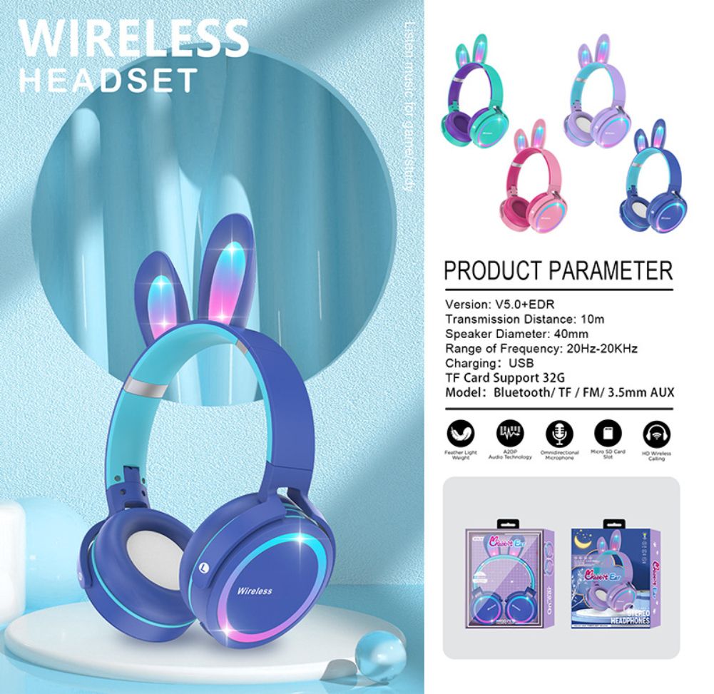 2022 New Wireless Earphones RGB Rabbit Ears Headset with Mic Cute Girls Music Bluetooth Headphones For Children's Gamer Headset