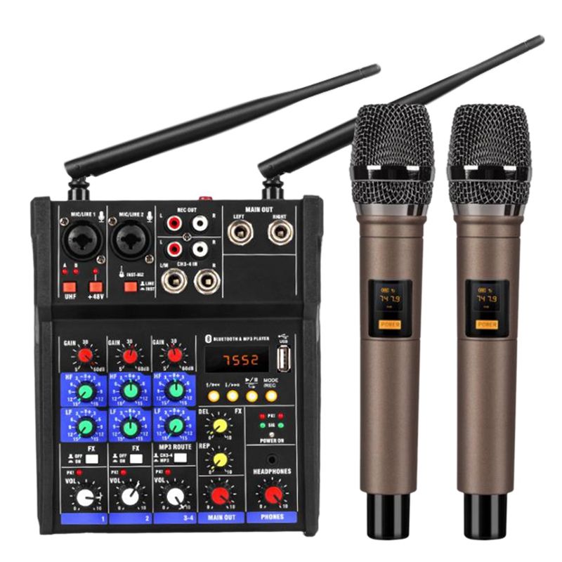 JAERBEE 4 Channel Audio Mixer Console with Wireless Microphone Sound Mixing with Bluetooth USB Mini Dj Mixer+Wireless Karaoke
