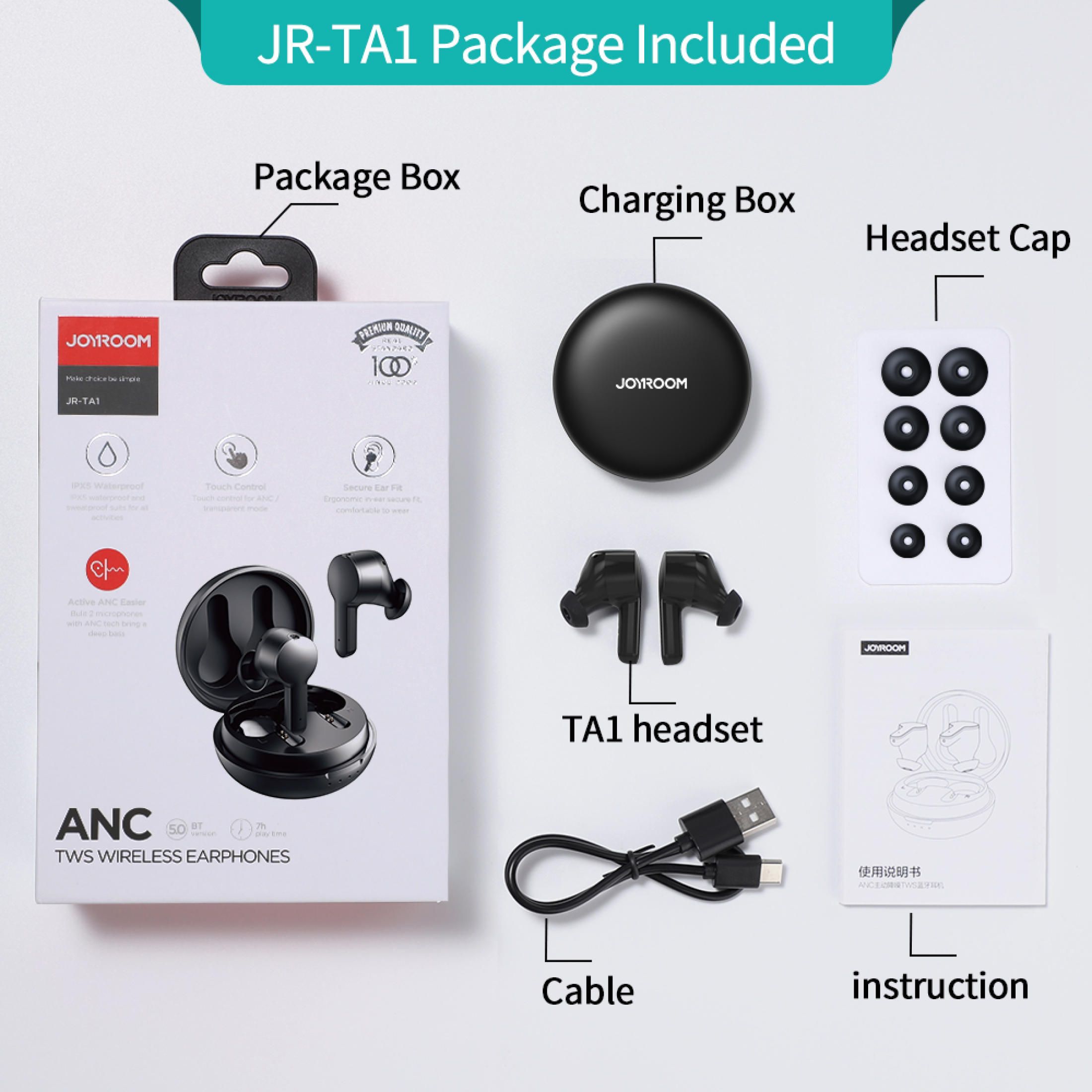 JOYROOM JR-TA1 Bluetooth 5.0 ANC TWS Active Noise Reduction Wireless Bluetooth Earphone with Charging Box(Black)