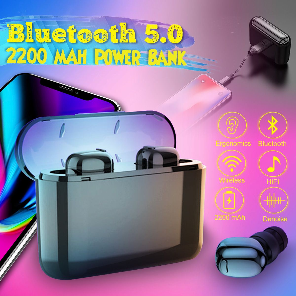 TWS Wireless 2200mAh Bluetooth 5.0 Stereo In-Ear Headphone Headset Earphone Earbuds