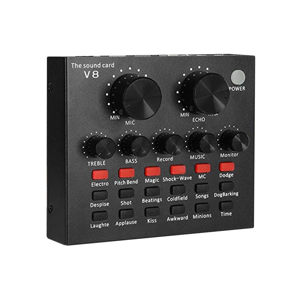 V8 Multifunctional Live Sound Card USB Audio Interface Intelligent Volume Adjustable Audio Mixer Sound Card for Record Hosting Speech