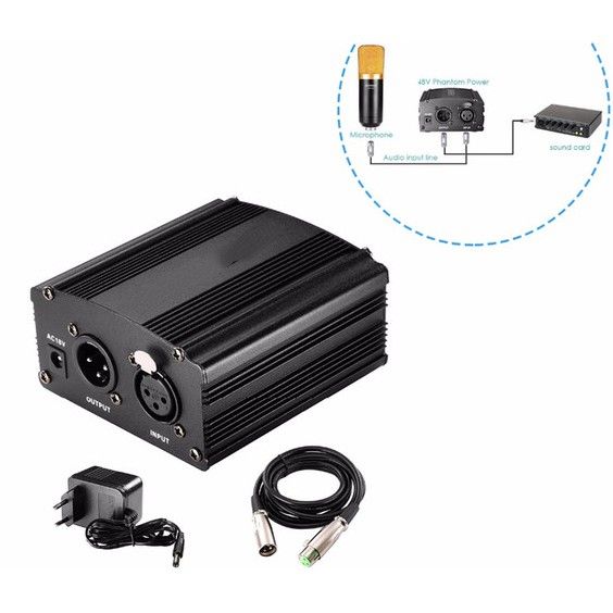48V Phantom Power Supply with Adapter, BONUS+XLR 3 Pin Microphone Cable for Any Condenser Microphone Music Recording Equipment (8 feet)