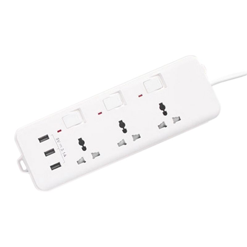 Strip with 3 Outlets and 3 USB Charging Ports 2 Meters Long Extension Cord for Smartphone Tablets Office US Plug