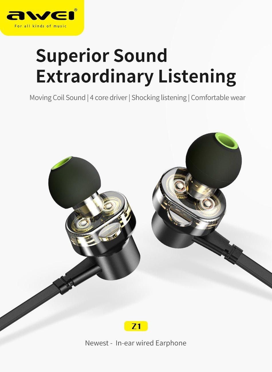AWEI Z1 Wired Earphone Dual Driver Headset Sport Bass Sound Earphones With Mic For Xiaomi Huawei Oneplus MP3 3.5mm Jack Earbuds - Headphone - Headphone - Ear Phone - Earphone