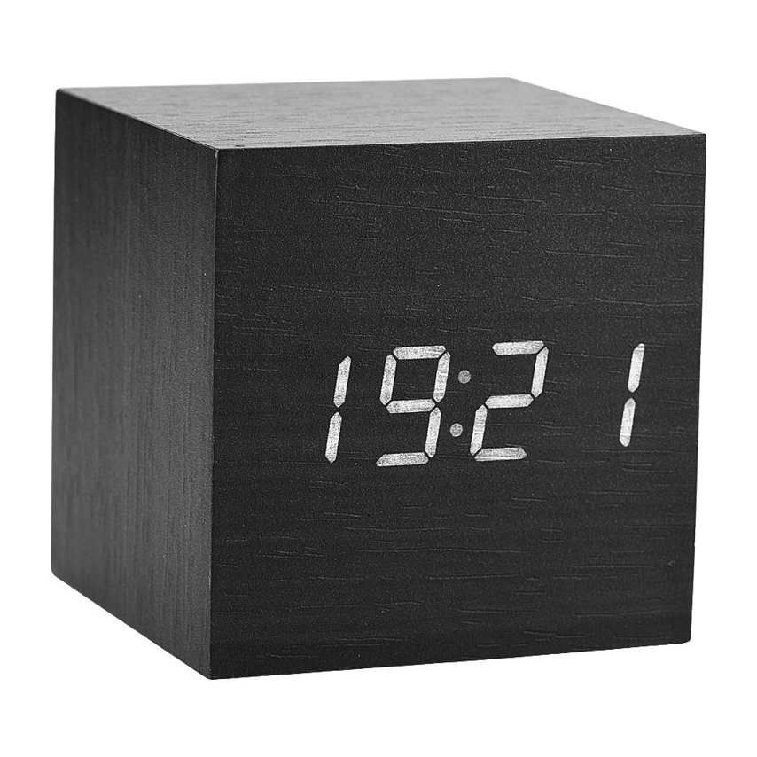 Wooden Clock 6x6x6cm Electronic Digital Alarm Desk Temperature LED Display Voice Control