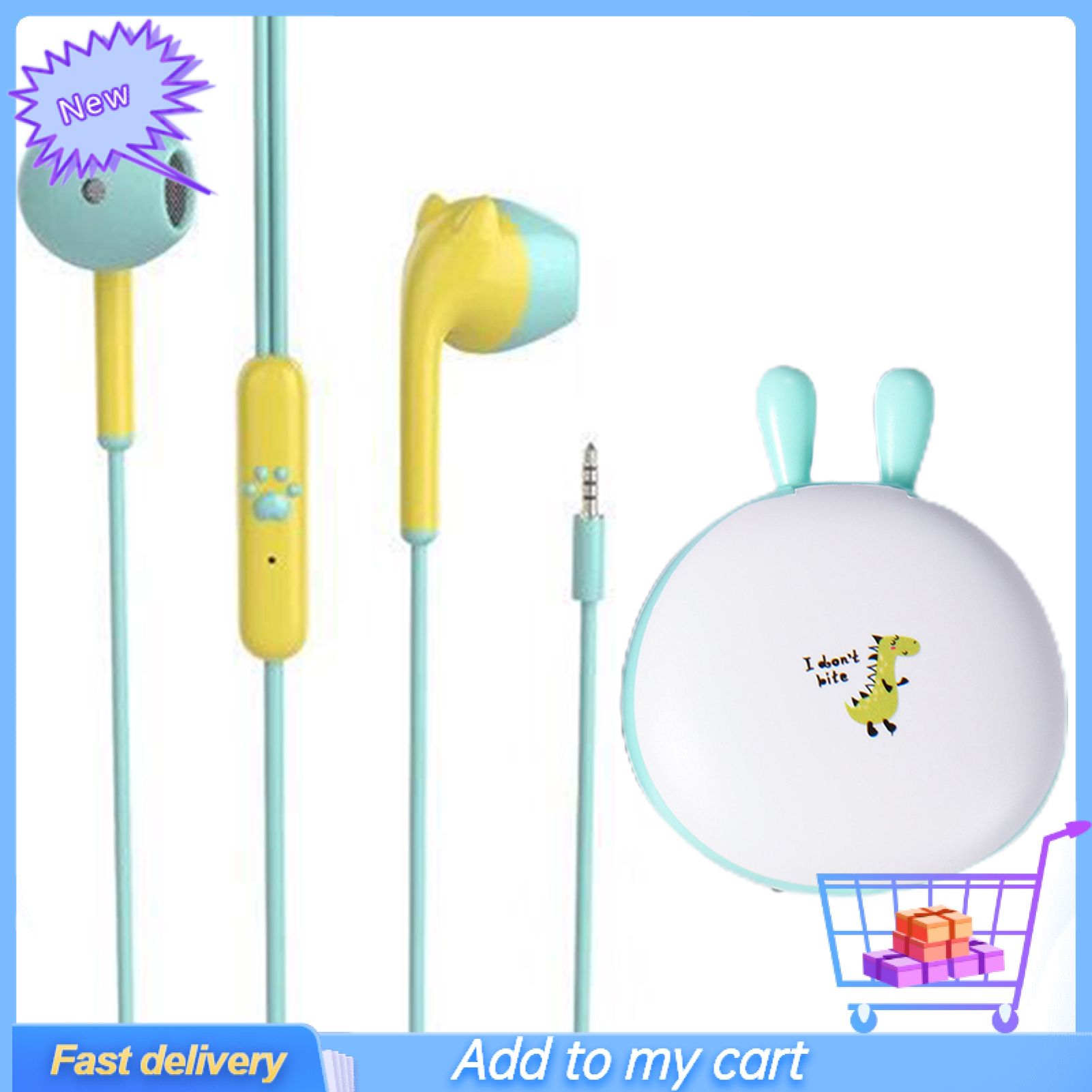 GreenForest Wired Earphone Universal Stereo Cute Cartoon Dinosaur Headphone with Storage Box for Children