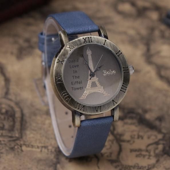 Retro Women Bronze Eiffel Tower Dial Leather Band Quartz Bracelets Wrist Watch