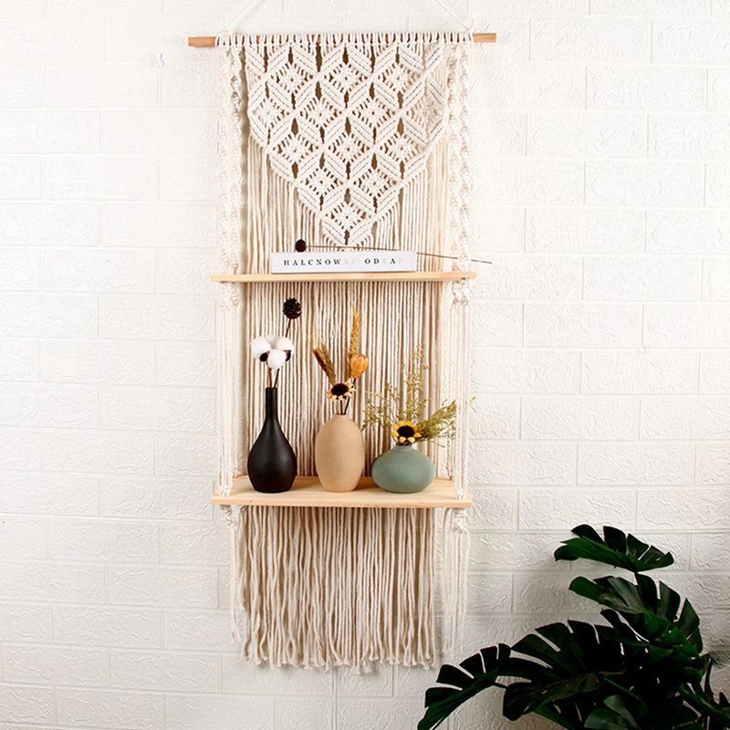 Boho Woven Wood Shelf Tapestry Cotton Rope Wall Floating Shelf Exquisite Workmanship Minimalist and Durable Tapestry
