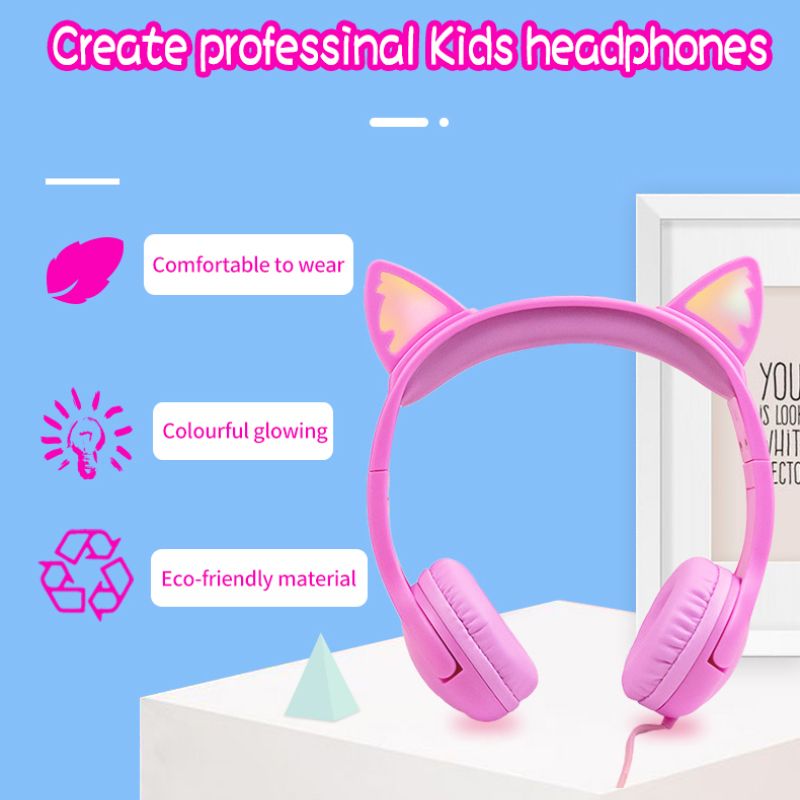 K06 Cat Ear Wired Head-mounted Headset 3.5mm Glowing Fold Headset For Children Girls Gift Lightweight Foldable Headphone