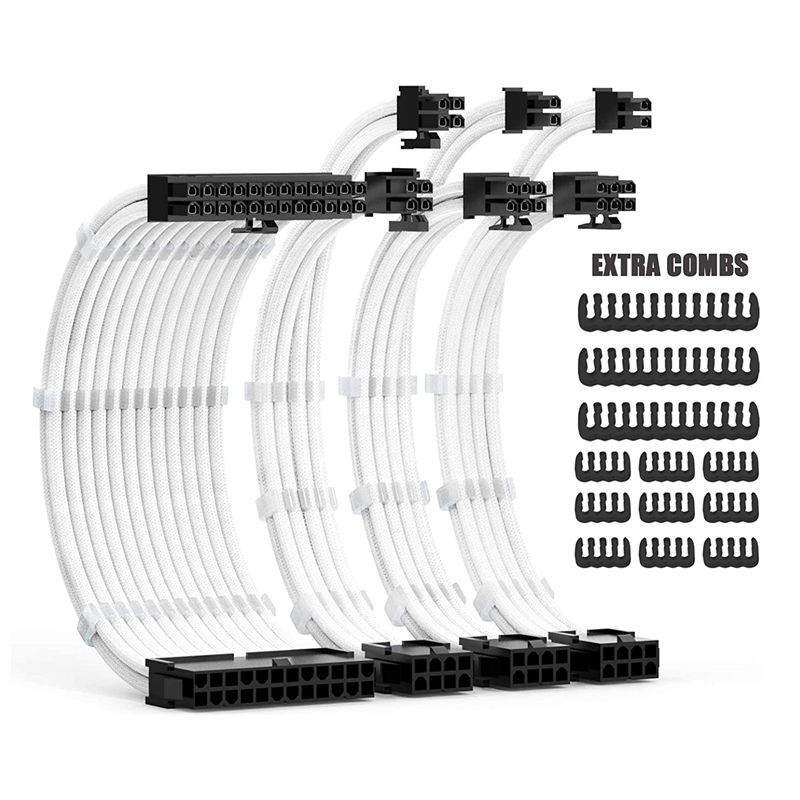 PSU Cable Extensions Kit 30CM with Cable Combs Extension Power Supply Cable 24Pin 8Pin(4+4) 8Pin(6P+2P) for ATX Power