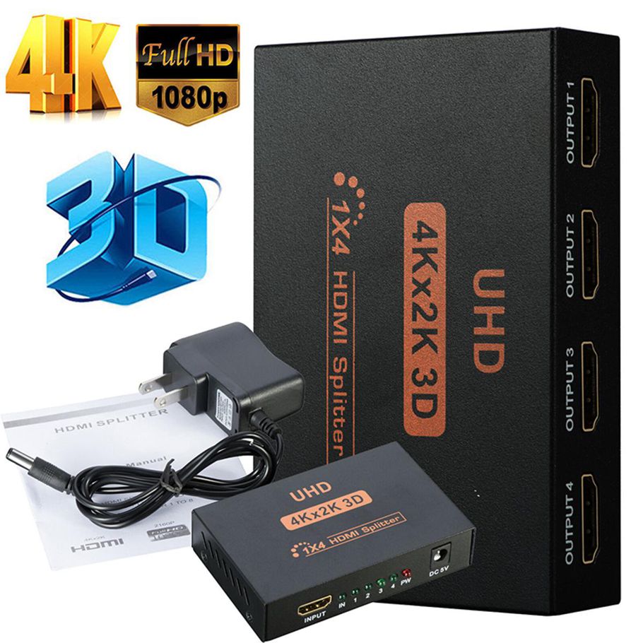Ultra HD 4K 4 Port HDMI Splitter 1x4 Repeater Amplifier 1080P 3D Hub 1 In 4 Out