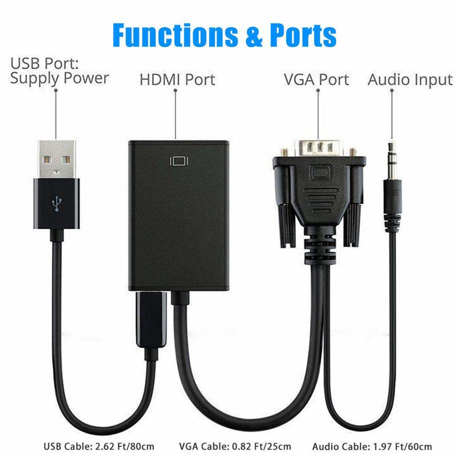 VGA Male To HDMI Output 1080P HD Video Audio TV AV HDTV Cable Converter Adapter