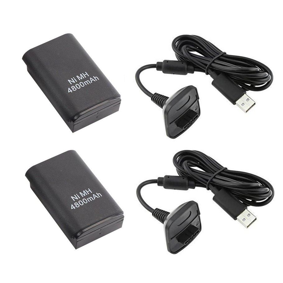 2 Battery Pack Charger Cable for Microsoft Xbox 360 Wireless Controller Black