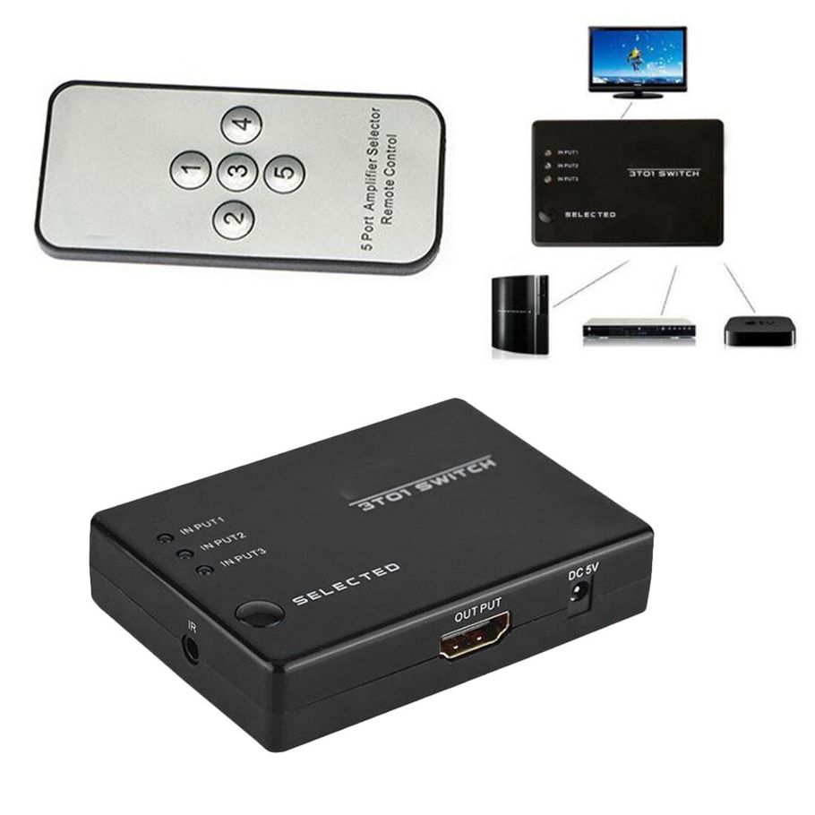 MINI HDMI-compatible Splitter 3 Port Hub Box Auto Switch With Remote Control Output Switcher 3D 1080p For HDTV XBOX PS3